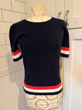 Cabi Navy Knit Top with Red & White Stripe Detail small
